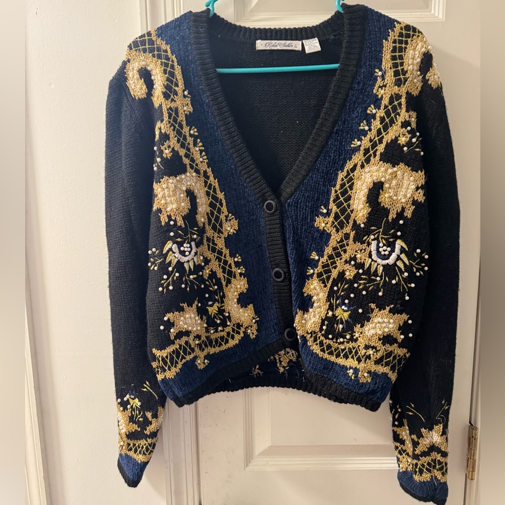 80s Robin Sinkler Black & Blue gold metallic beaded cropped cardigan size L